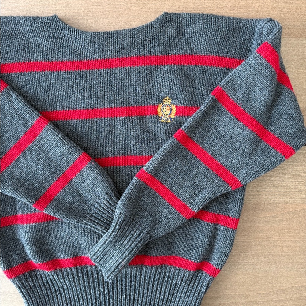 Early 90’s Polo Ralph Lauren VINTAGE Crest Grey & Red Striped Wool Knit Sweater